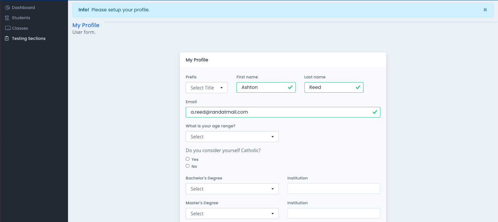 Before Testing Complete Your Profile Assessment of Religious Knowledge